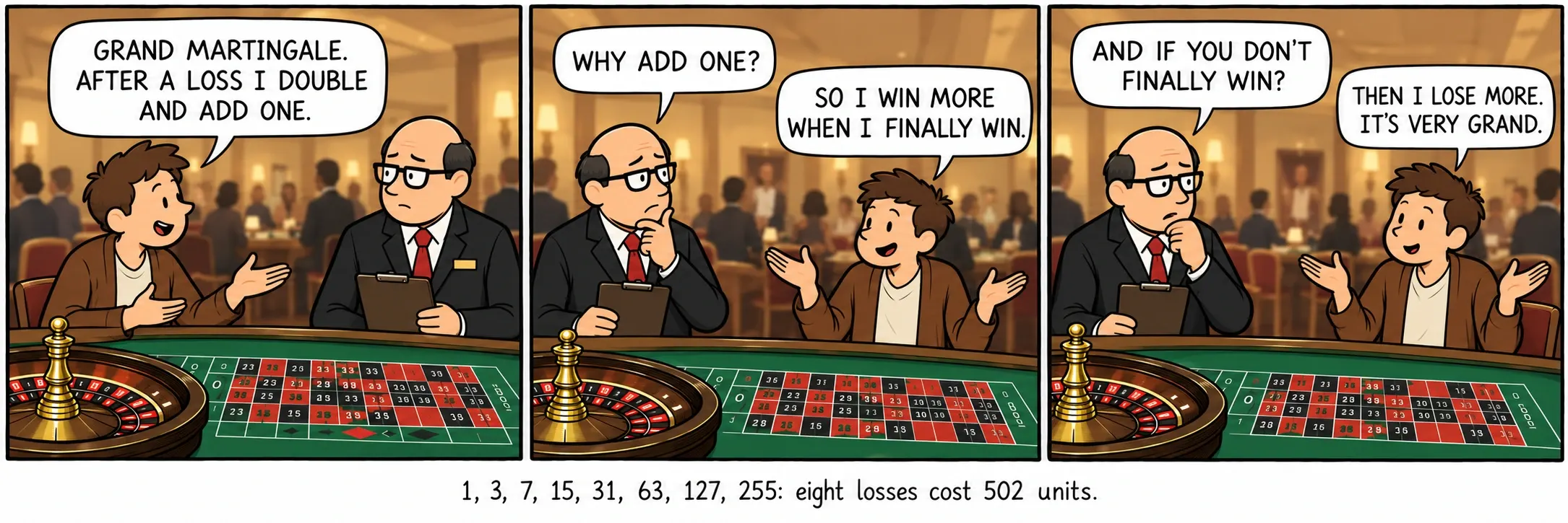 1, 3, 7, 15, 31, 63, 127, 255: sakkiz yutqazish 502 birlikka tushadi.
